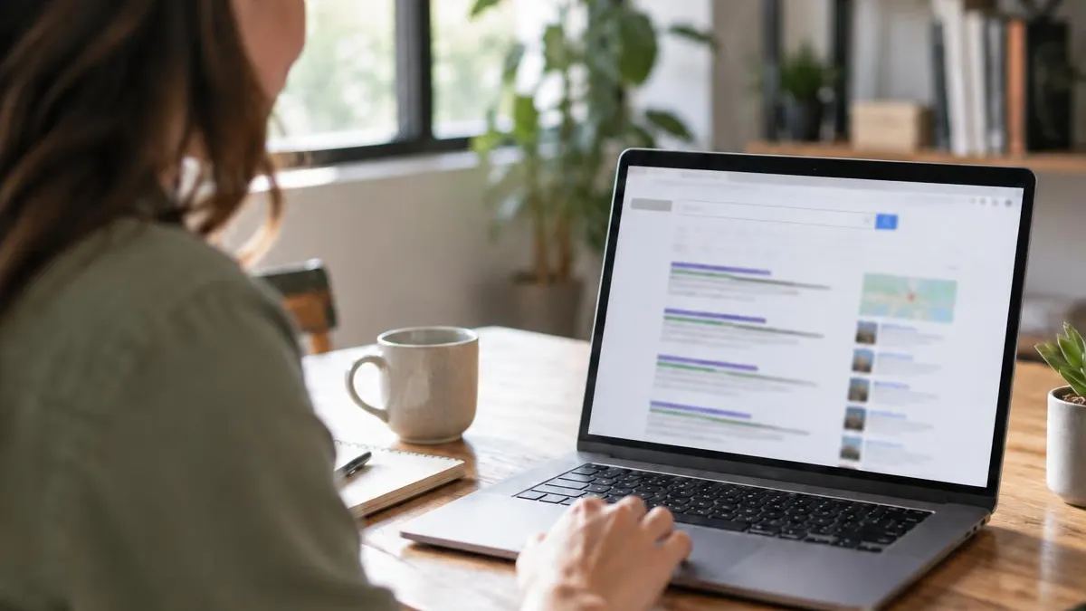 Small business owner reviewing search results on a laptop