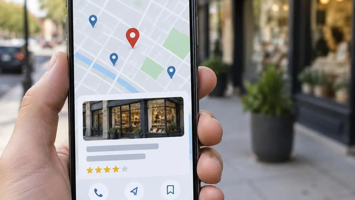 Smartphone showing a map with a local business listing and star ratings