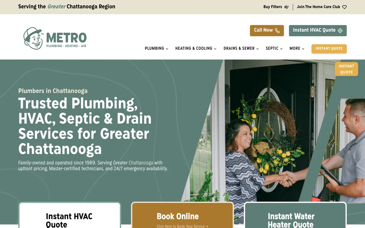 Screenshot of the Metro Plumbing Heating and Air website