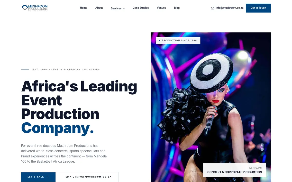 Screenshot of the Mushroom Productions website