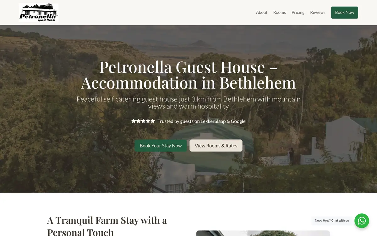 Screenshot of the Petronella Guest House website