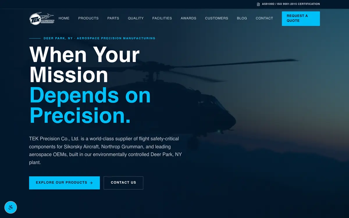 Screenshot of the Tek Precision website