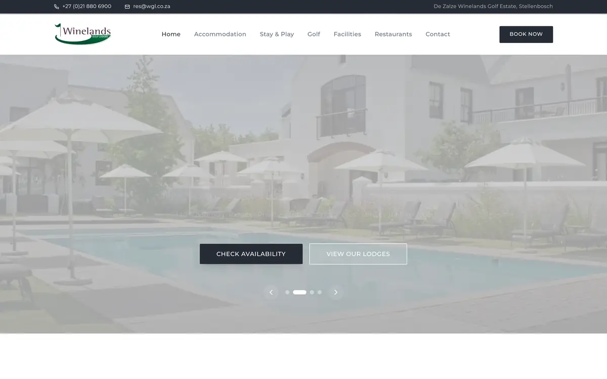 Screenshot of the Winelands Golf Lodges website